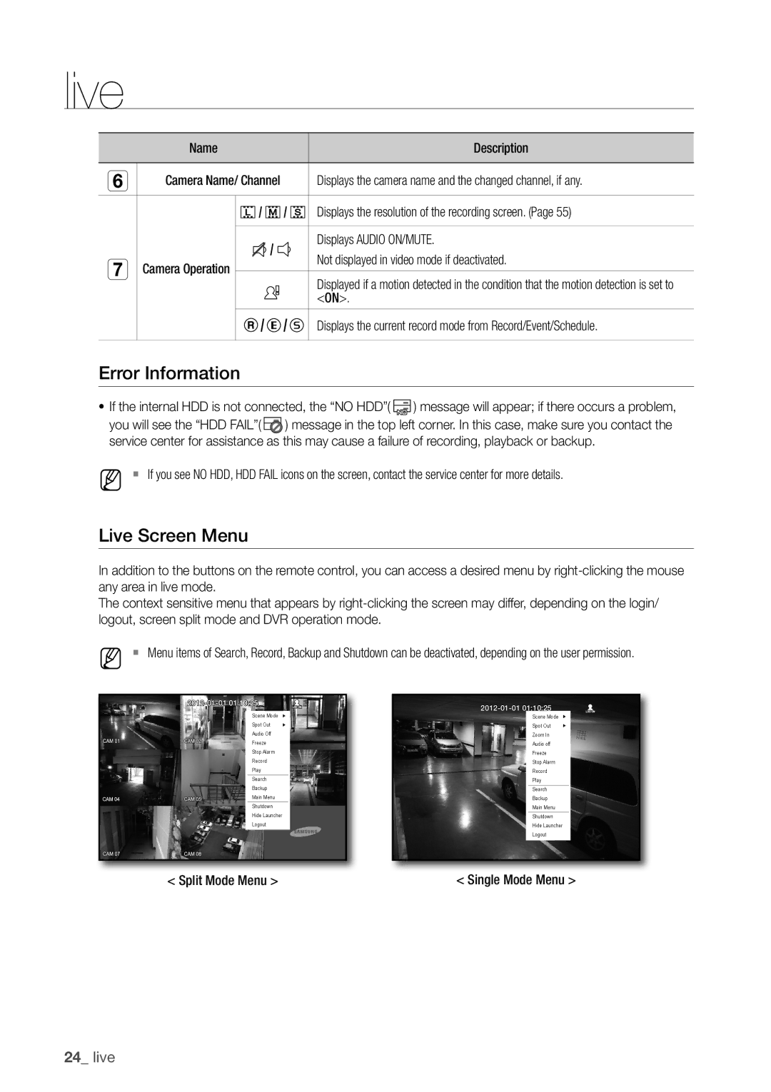 Samsung SDC5440BC user manual Error information, Live Screen menu 