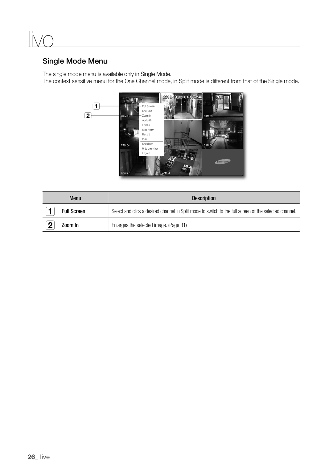 Samsung SDC5440BC user manual Single mode menu is available only in Single Mode, Menu Description Full Screen 