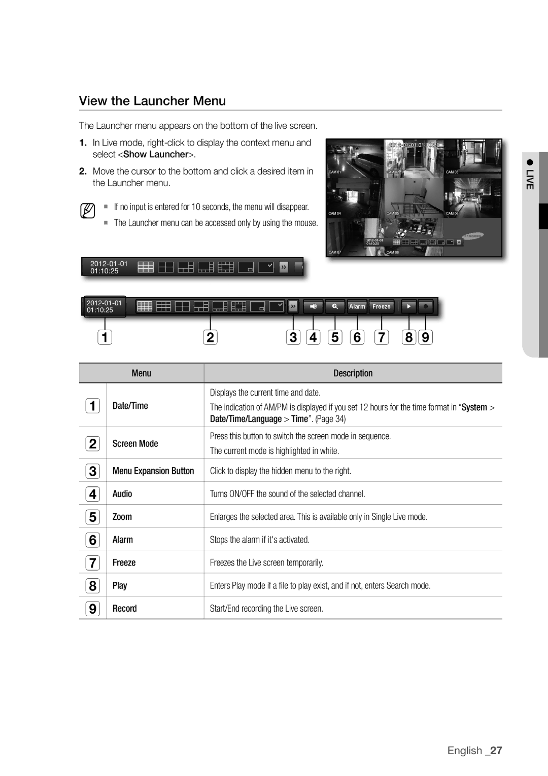 Samsung SDC5440BC user manual View the Launcher menu, ` The Launcher menu can be accessed only by using the mouse 