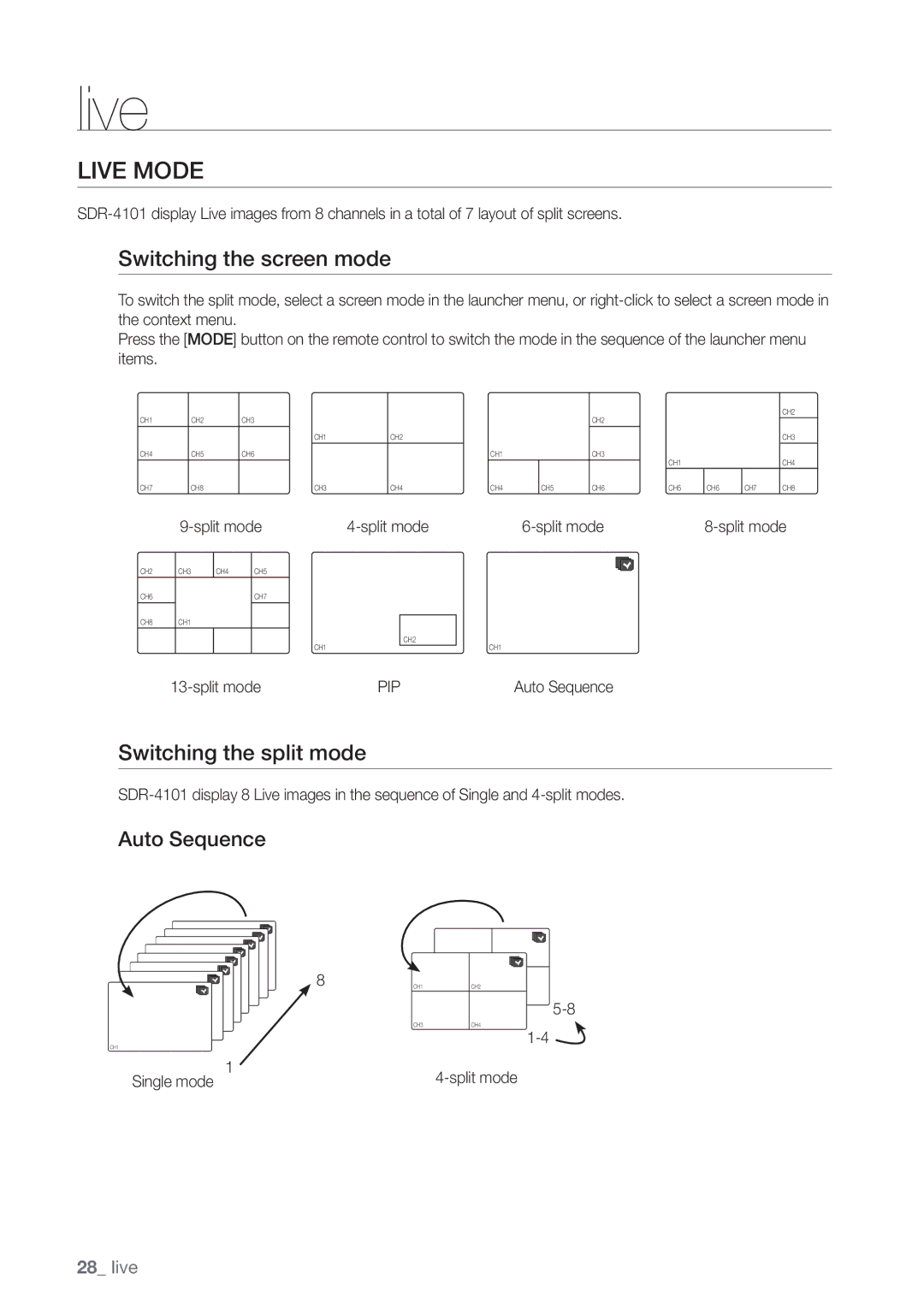 Samsung SDC5440BC user manual Live Mode, Switching the screen mode, Switching the split mode, Auto Sequence 