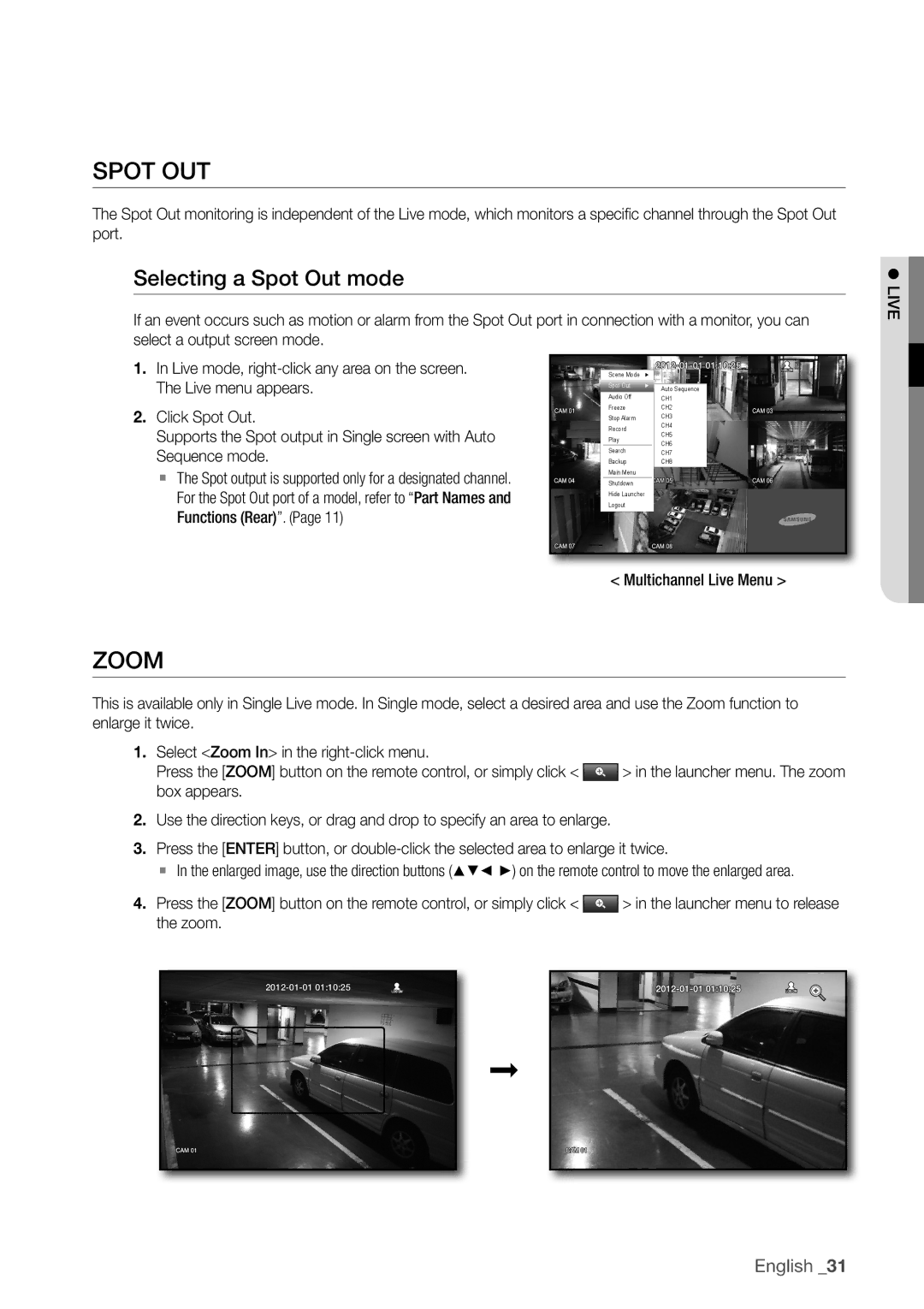 Samsung SDC5440BC user manual SpoT ouT, Zoom, Selecting a Spot out mode 