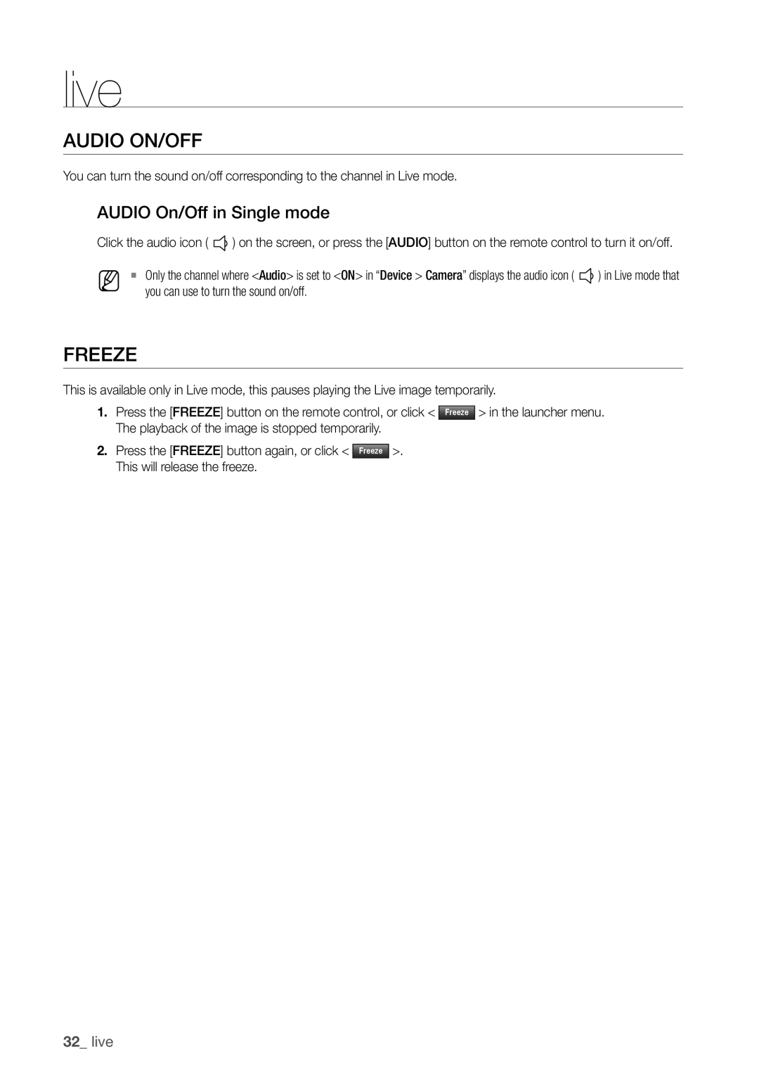 Samsung SDC5440BC user manual Freeze, Audio On/Off in Single mode 