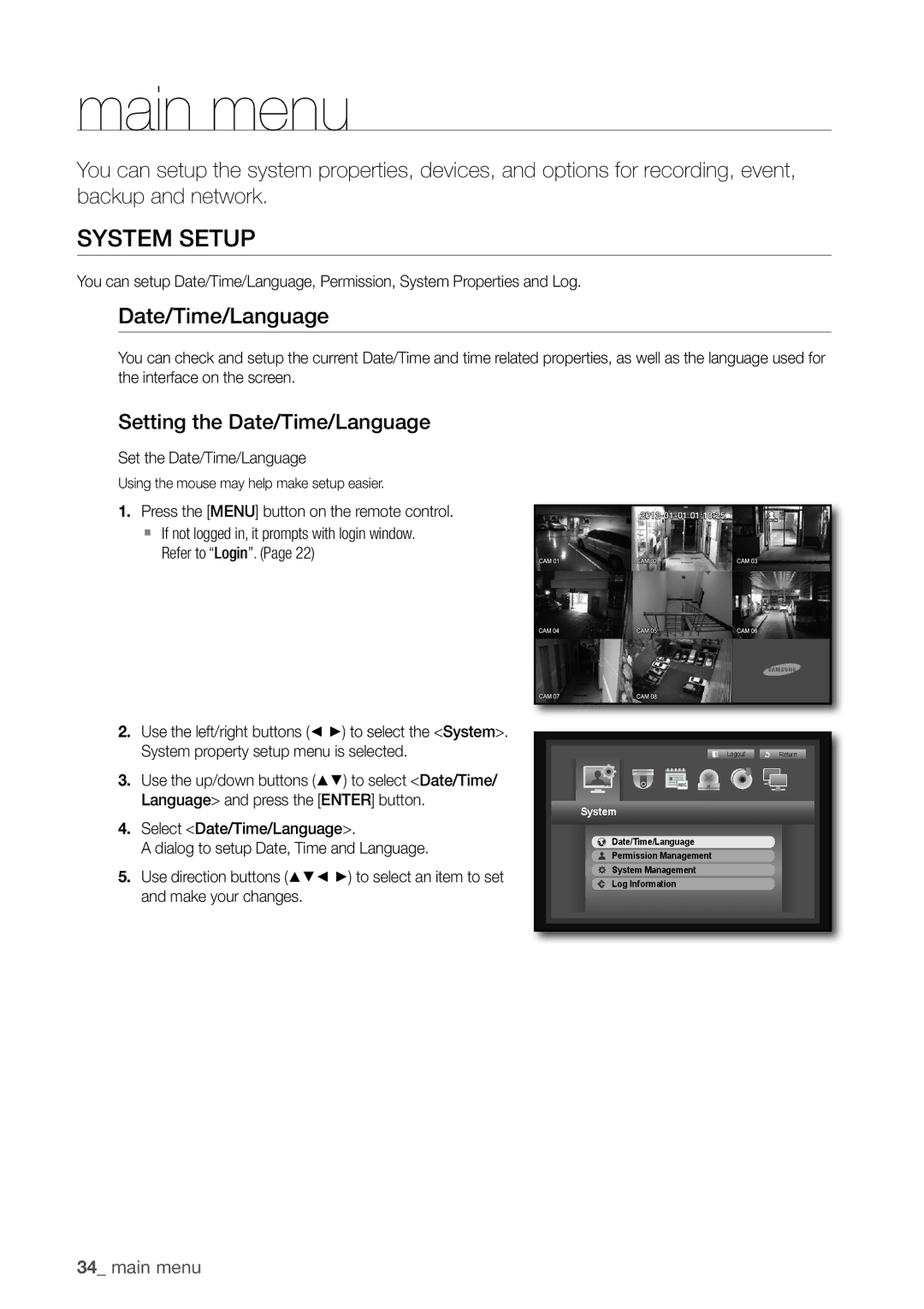 Samsung SDC5440BC user manual SYSTem SeTuP, Setting the Date/Time/Language, Set the Date/Time/Language 