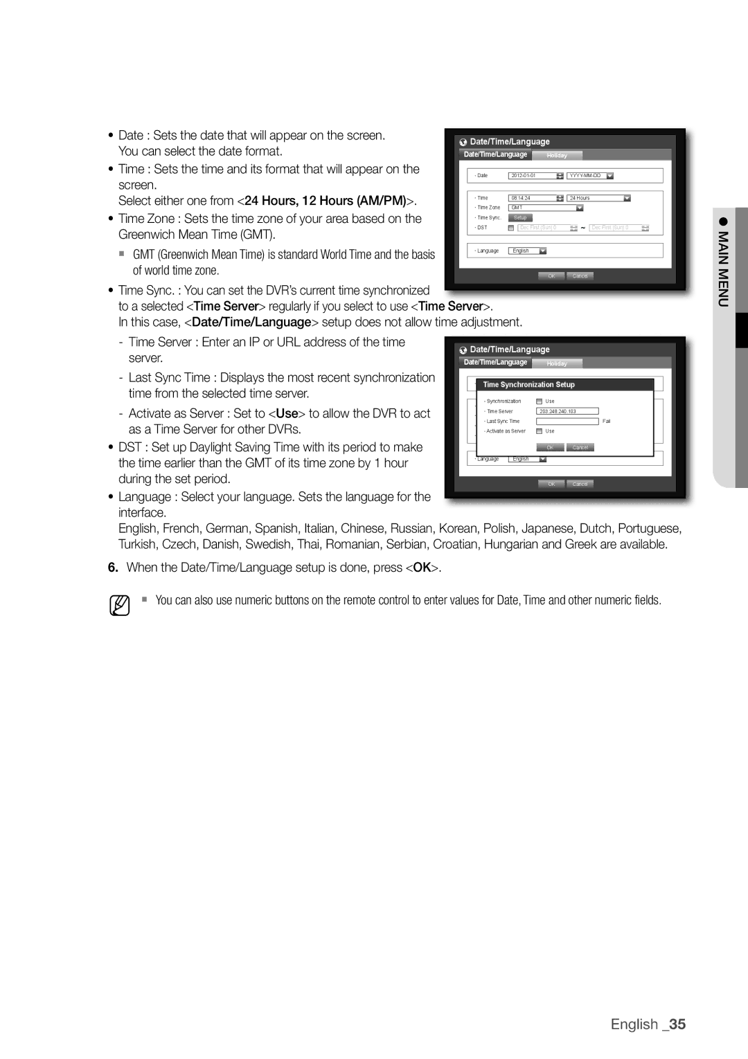 Samsung SDC5440BC Date Sets the date that will appear on the screen, You can select the date format, Screen, Server 