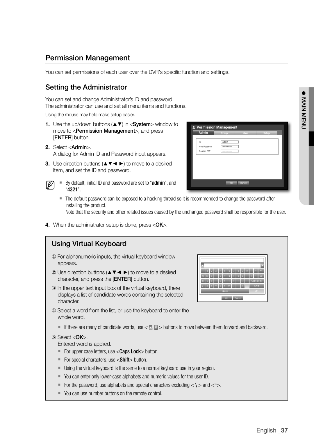 Samsung SDC5440BC user manual Permission management, Setting the administrator, Using Virtual Keyboard 