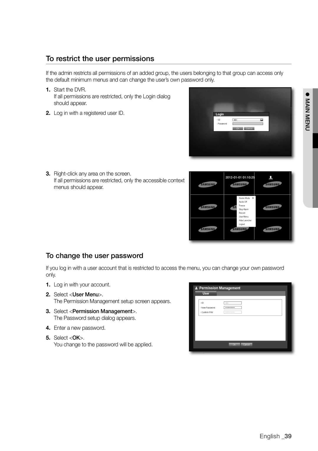 Samsung SDC5440BC user manual To restrict the user permissions, To change the user password, Main menu, Select user menu 