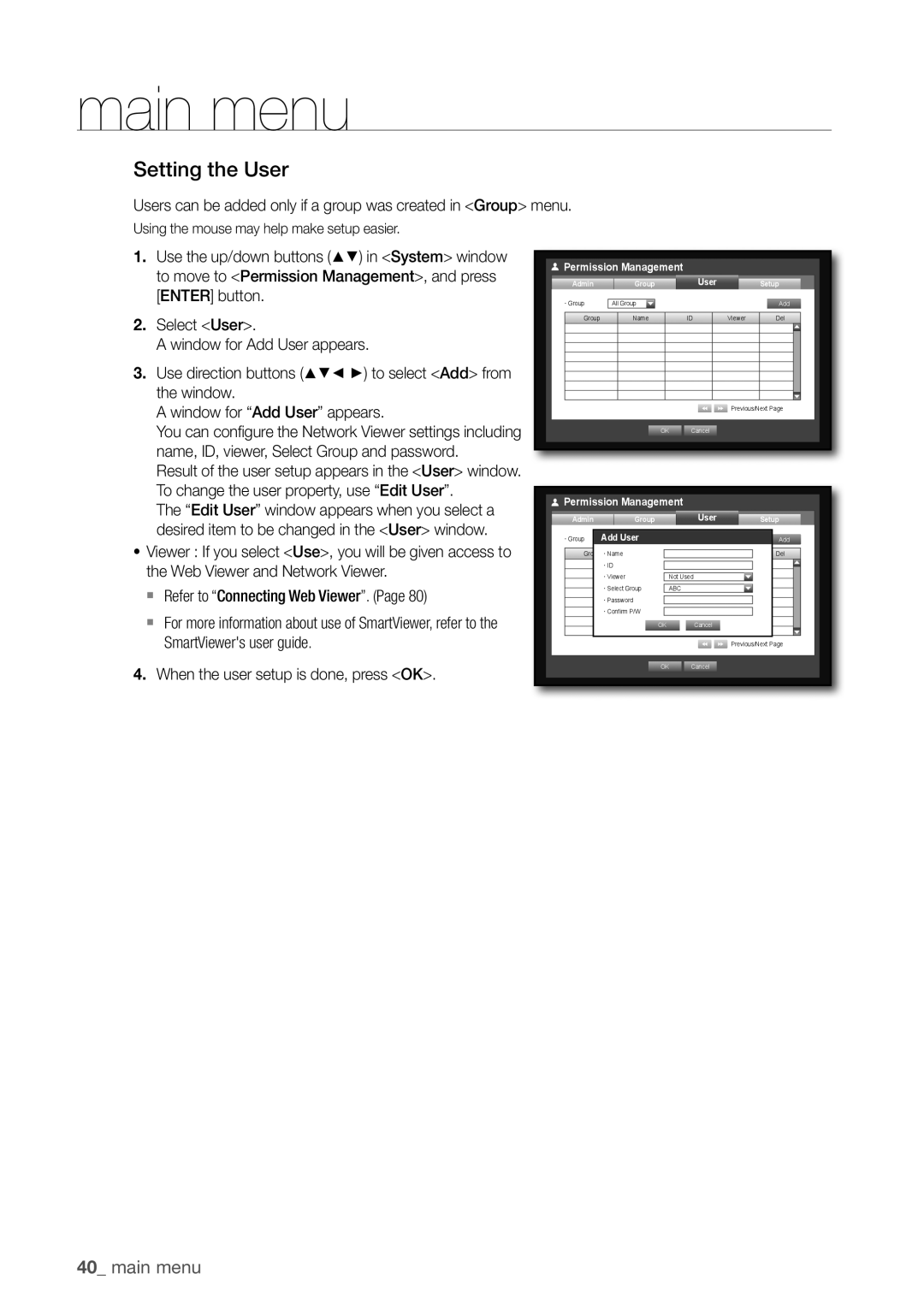 Samsung SDC5440BC user manual Setting the user, When the user setup is done, press OK 