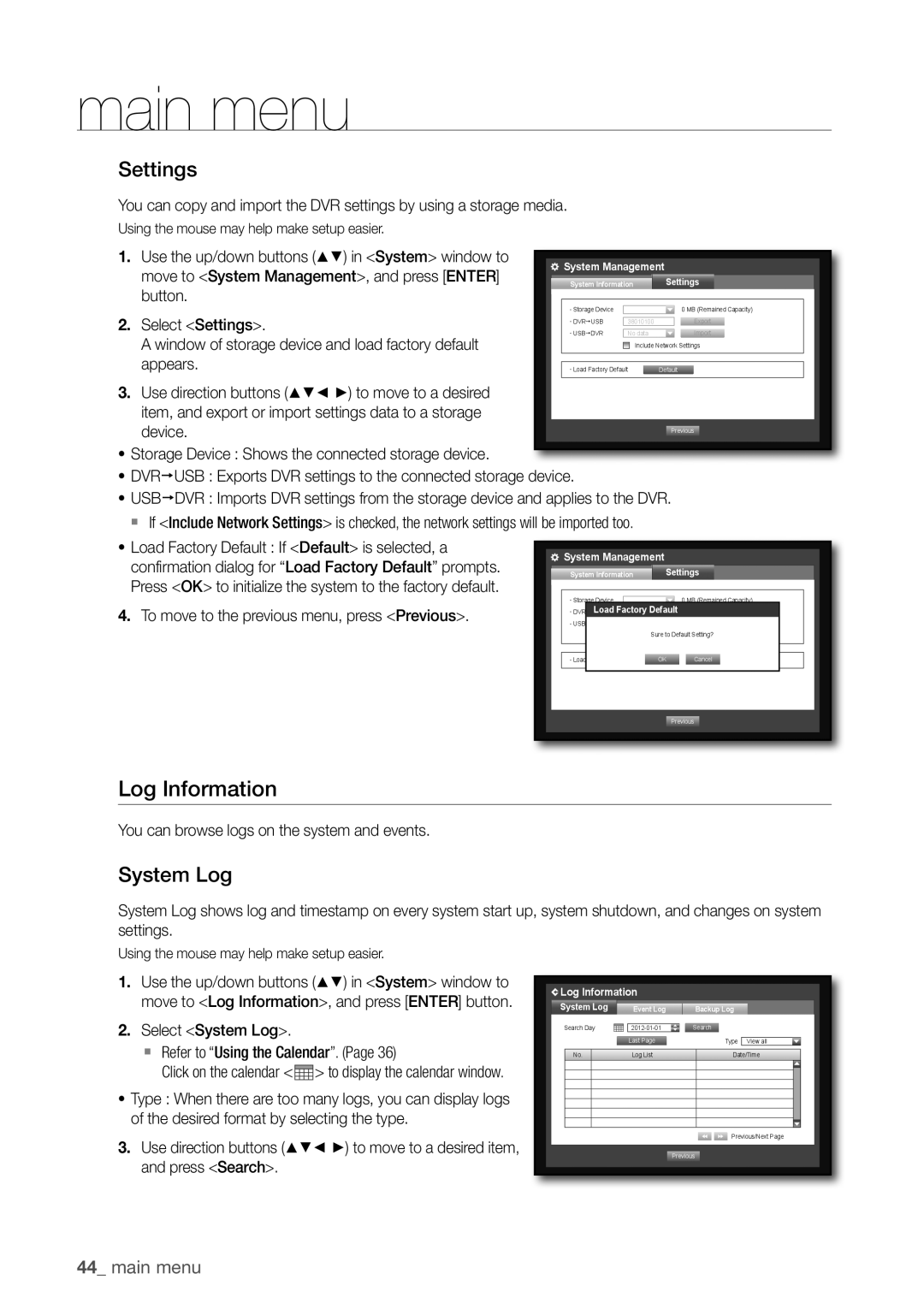 Samsung SDC5440BC user manual Log information, Settings, System Log 