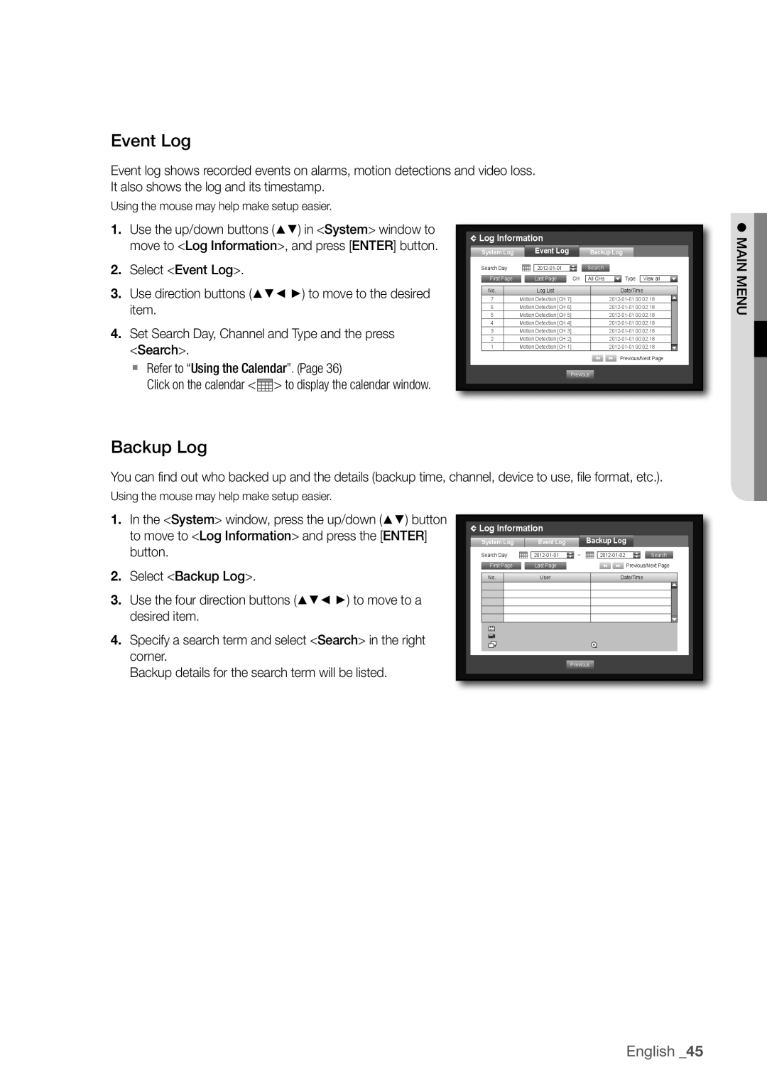 Samsung SDC5440BC user manual Event Log, Backup Log 