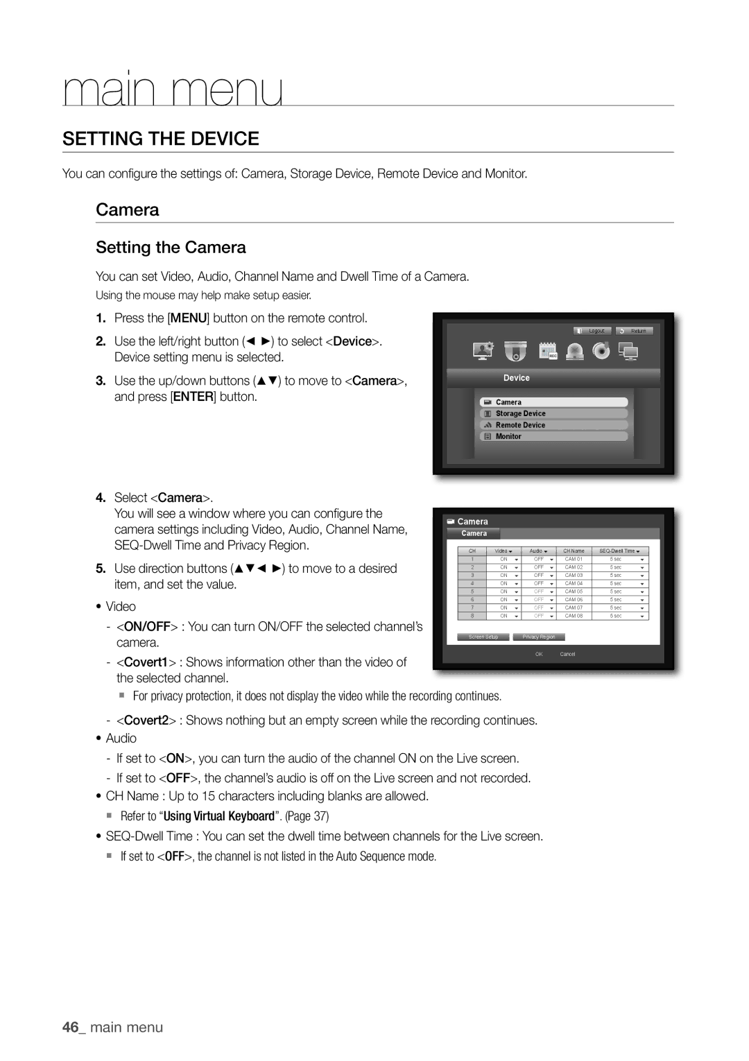 Samsung SDC5440BC user manual SeTTinG THe DeViCe, Setting the Camera 