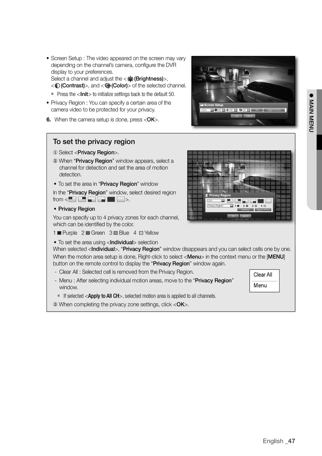 Samsung SDC5440BC user manual To set the privacy region, When the camera setup is done, press OK, Menu 