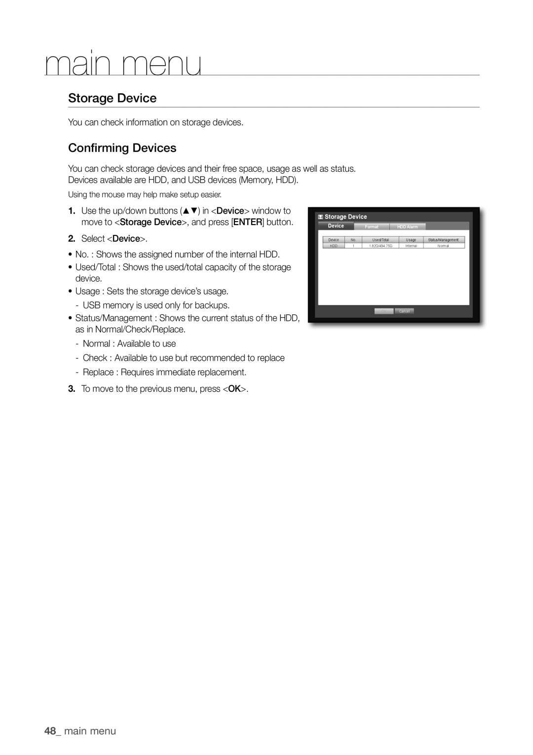 Samsung SDC5440BC user manual Storage Device, Confirming Devices, You can check information on storage devices 