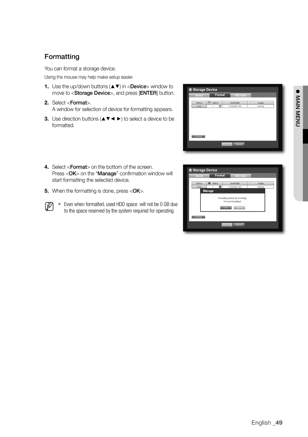 Samsung SDC5440BC user manual Formatting, You can format a storage device, Select Format 