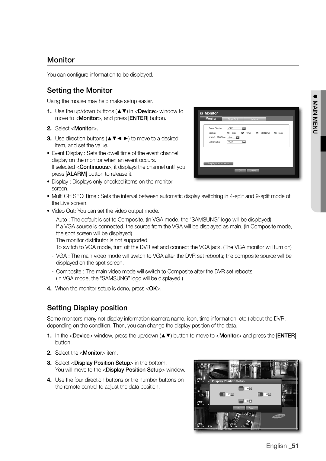 Samsung SDC5440BC user manual Monitor, Setting the monitor, Setting Display position 