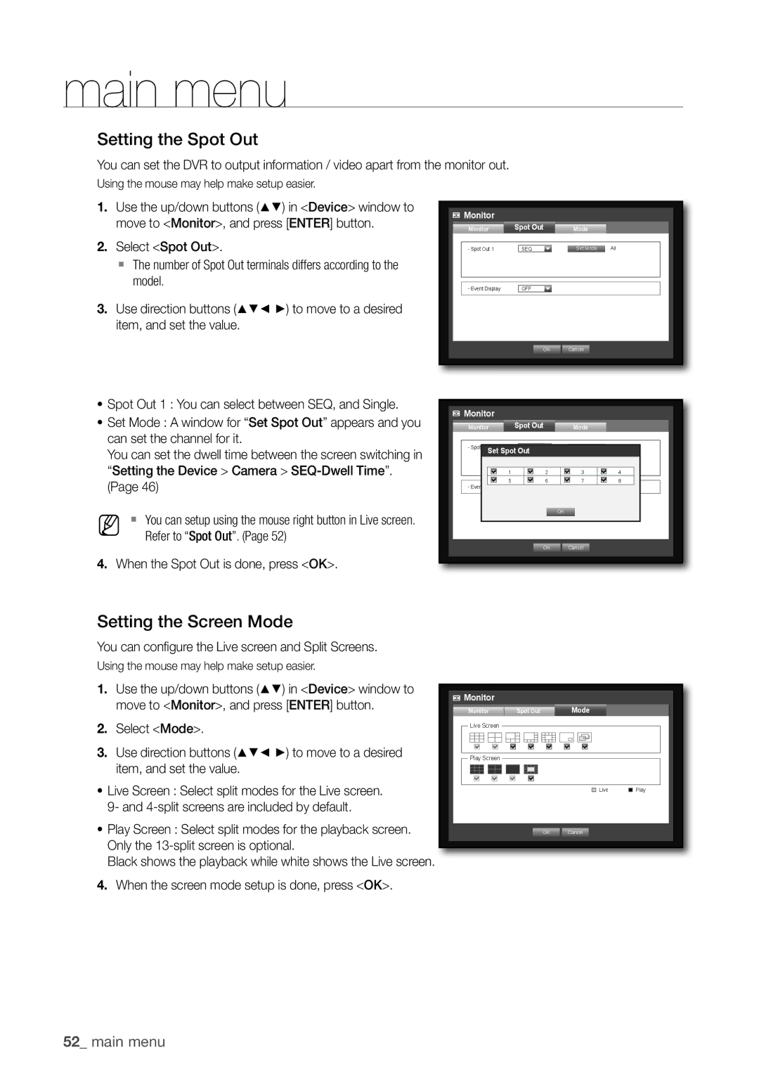 Samsung SDC5440BC user manual Setting the Spot Out, Setting the Screen mode 