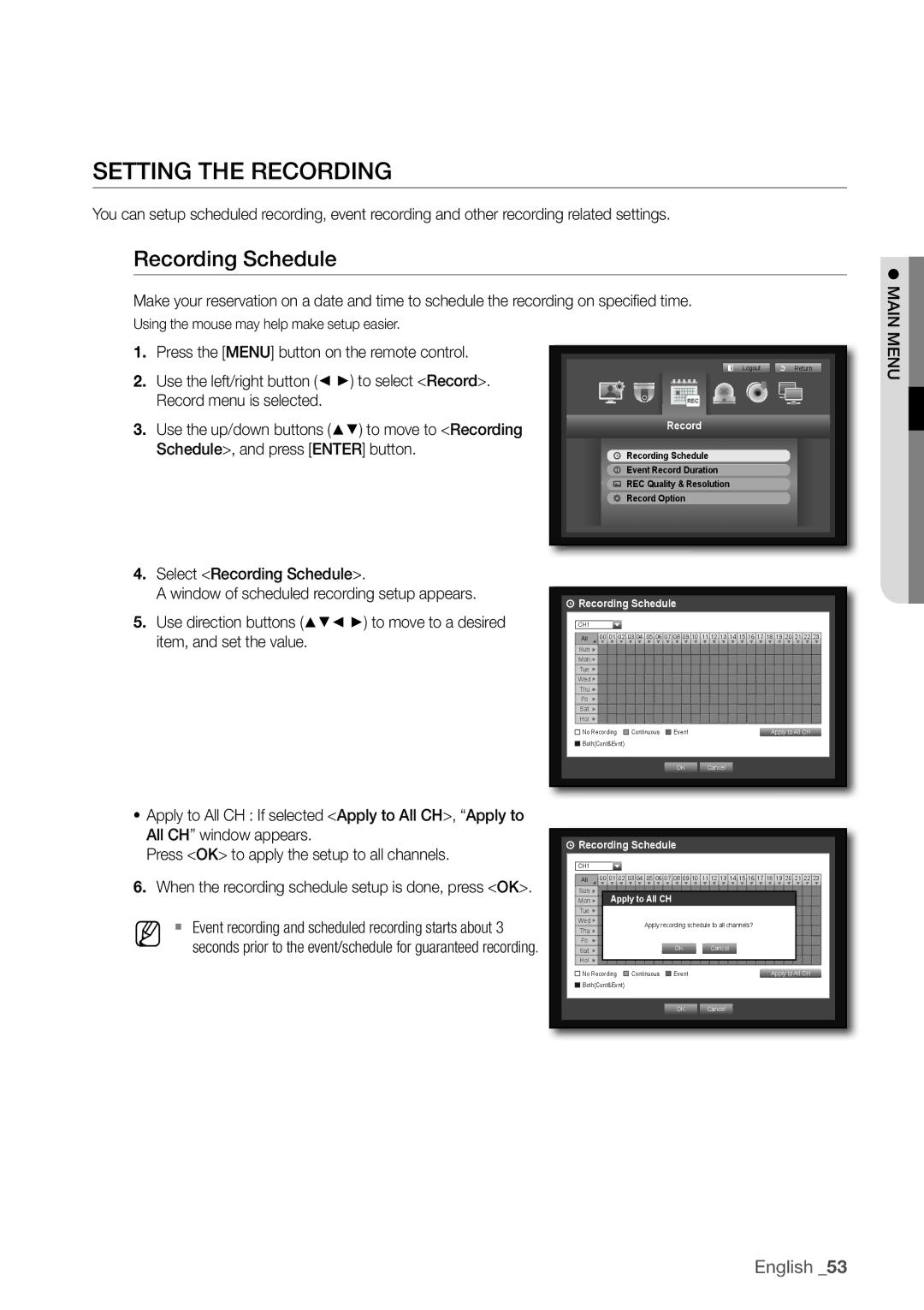 Samsung SDC5440BC user manual SeTTinG THe ReCORDinG, Recording Schedule 