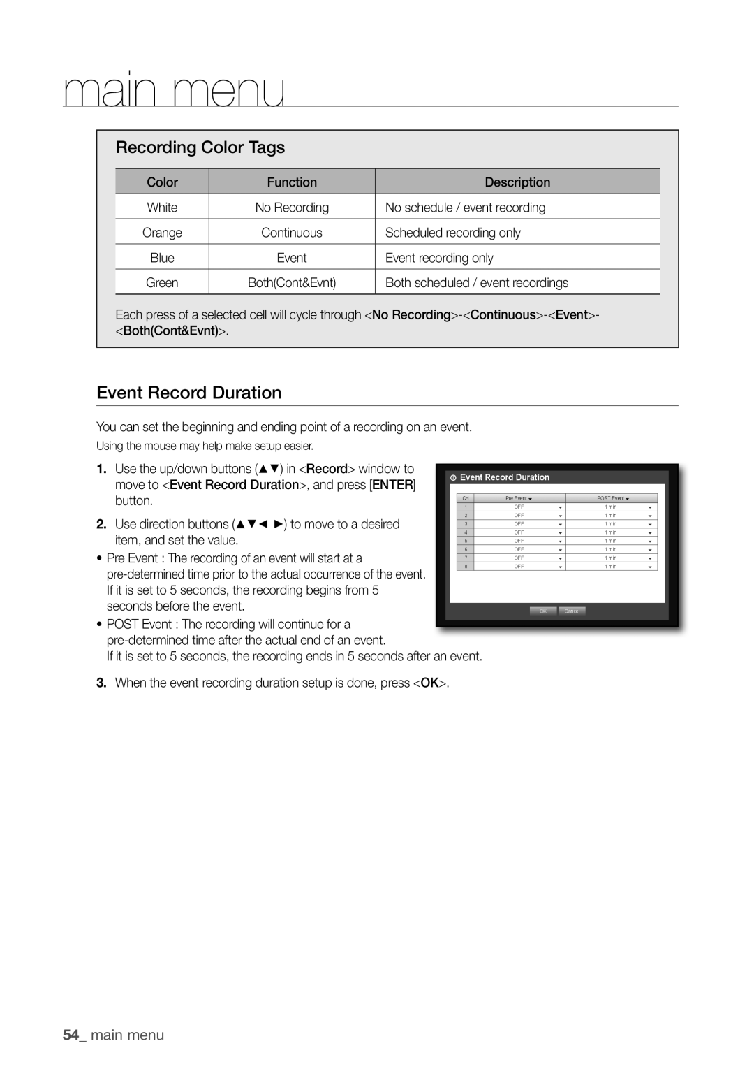 Samsung SDC5440BC user manual Event Record Duration, Recording Color Tags 