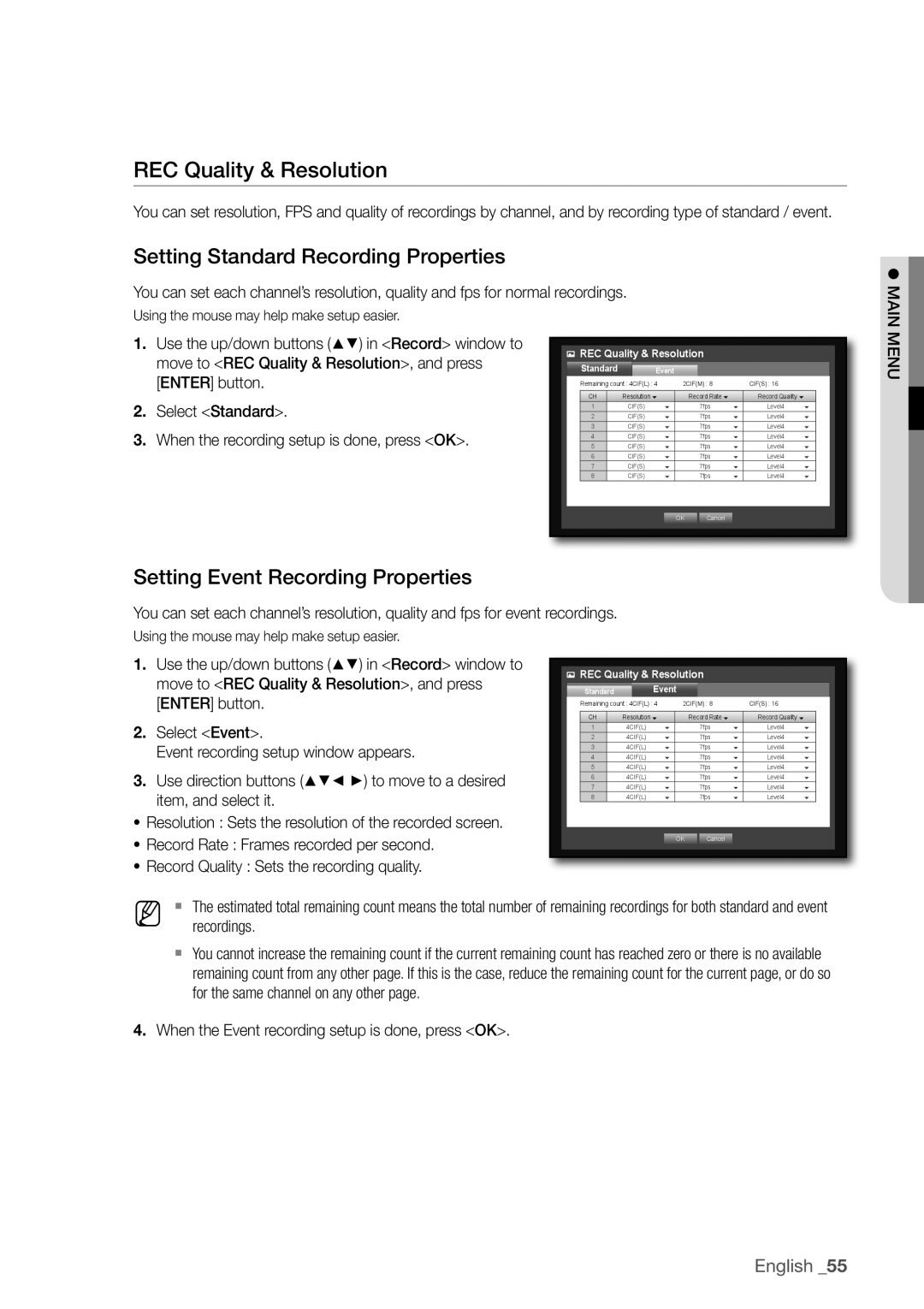 Samsung SDC5440BC ReC Quality & Resolution, Setting Standard Recording Properties, Setting event Recording Properties 