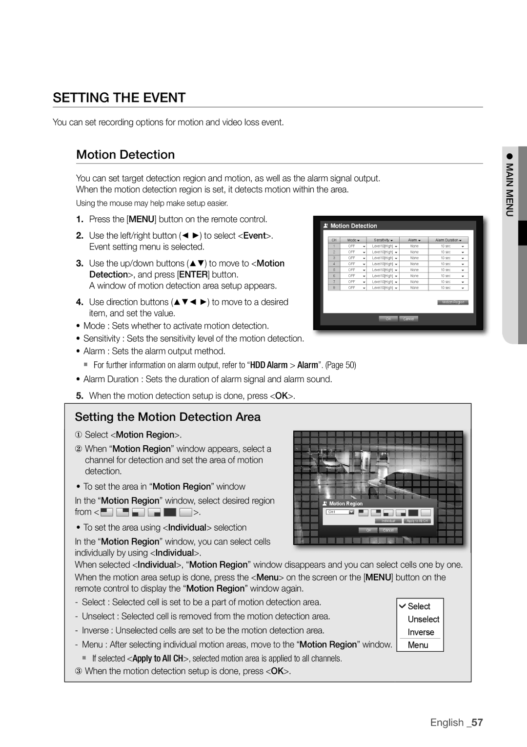 Samsung SDC5440BC user manual SeTTinG THe eVenT, Motion Detection, Setting the motion Detection area, From 