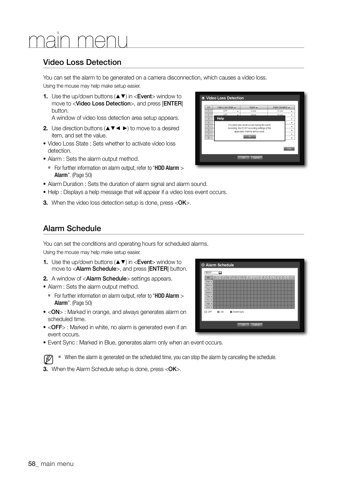 Samsung SDC5440BC user manual Video Loss Detection, Alarm Schedule, Window of alarm Schedule settings appears 