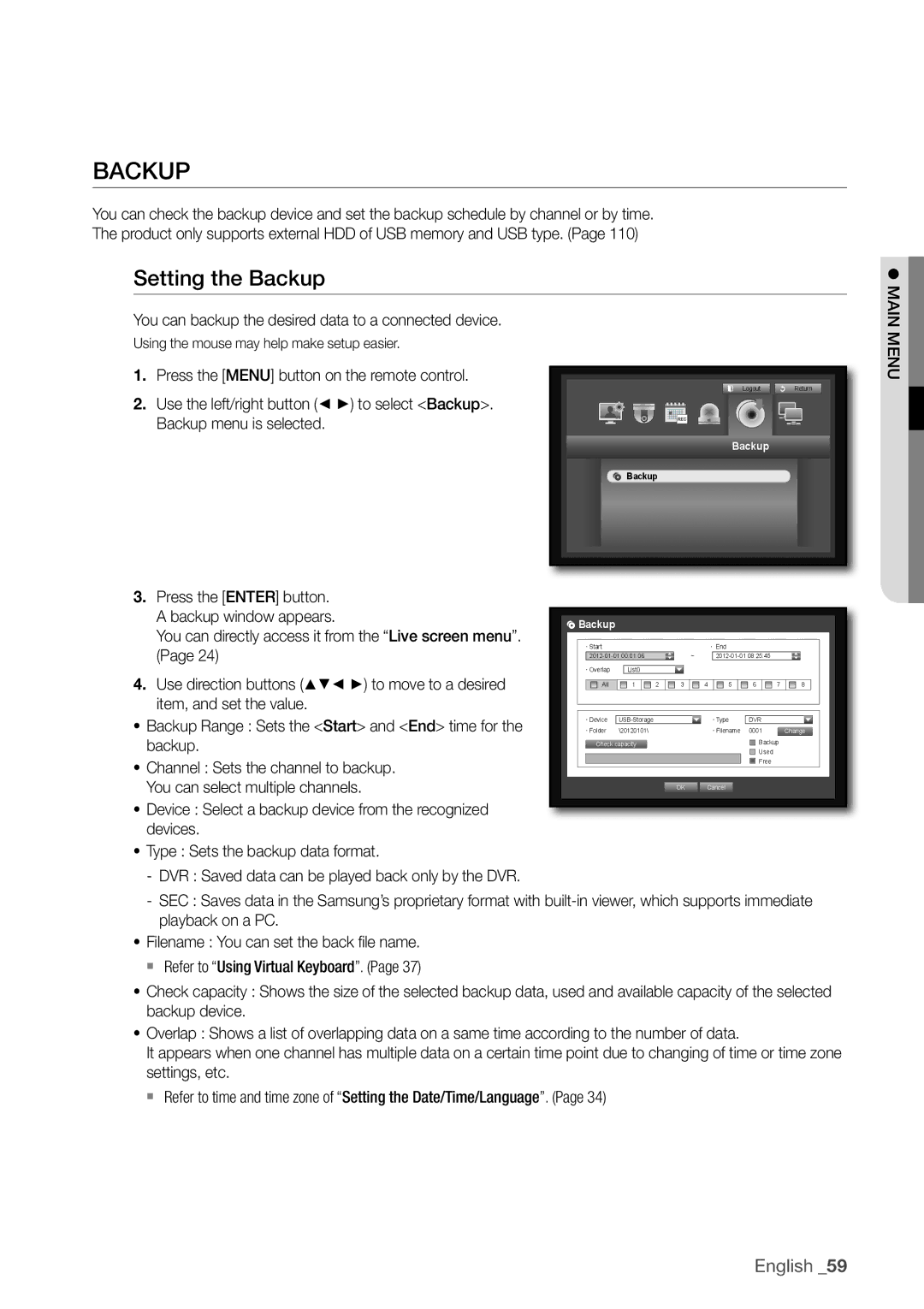 Samsung SDC5440BC user manual BaCKuP, Setting the Backup, You can backup the desired data to a connected device 