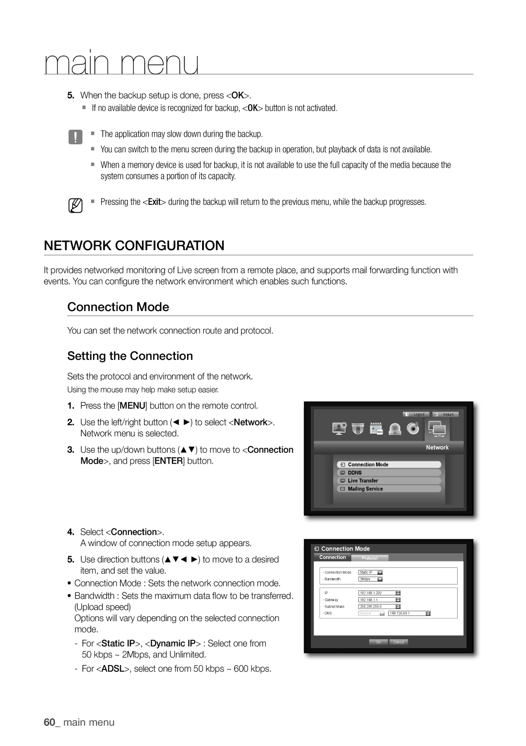 Samsung SDC5440BC user manual NeTWORK COnFiGuRaTiOn, Connection mode, Setting the Connection 