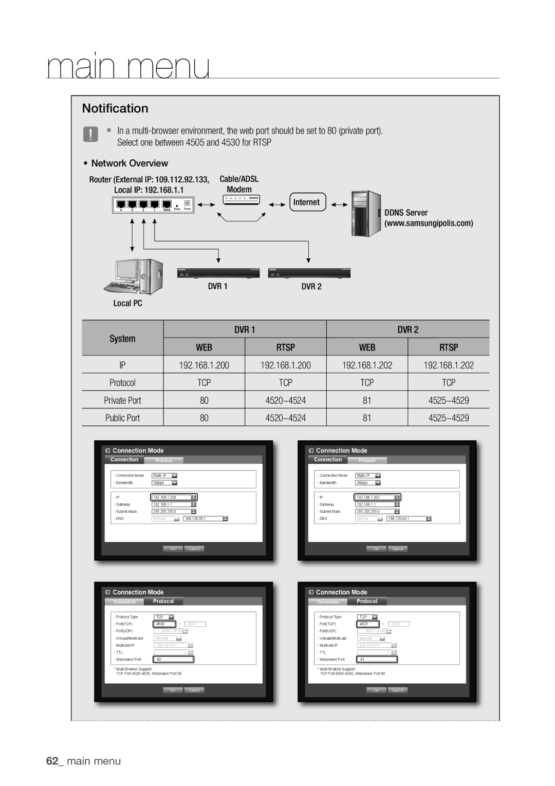 Samsung SDC5440BC user manual Notification, Select one between 4505 and 4530 for Rtsp, Network Overview, Dvr 