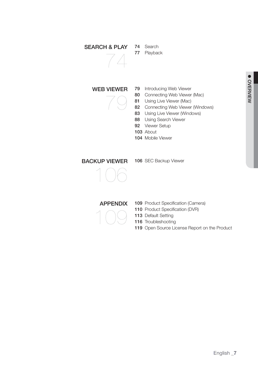 Samsung SDC5440BC user manual Search & play, Web Viewer, Backup viewer, Appendix 