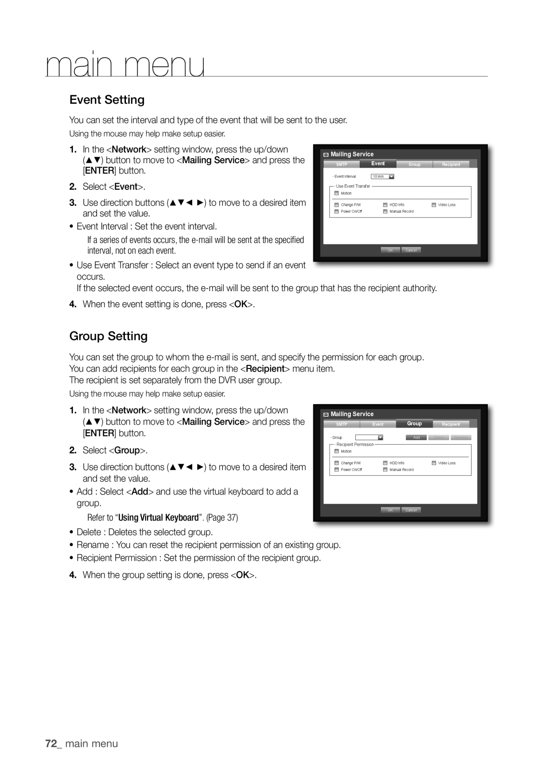 Samsung SDC5440BC user manual Event Setting, Group Setting, Set the value Event Interval Set the event interval 