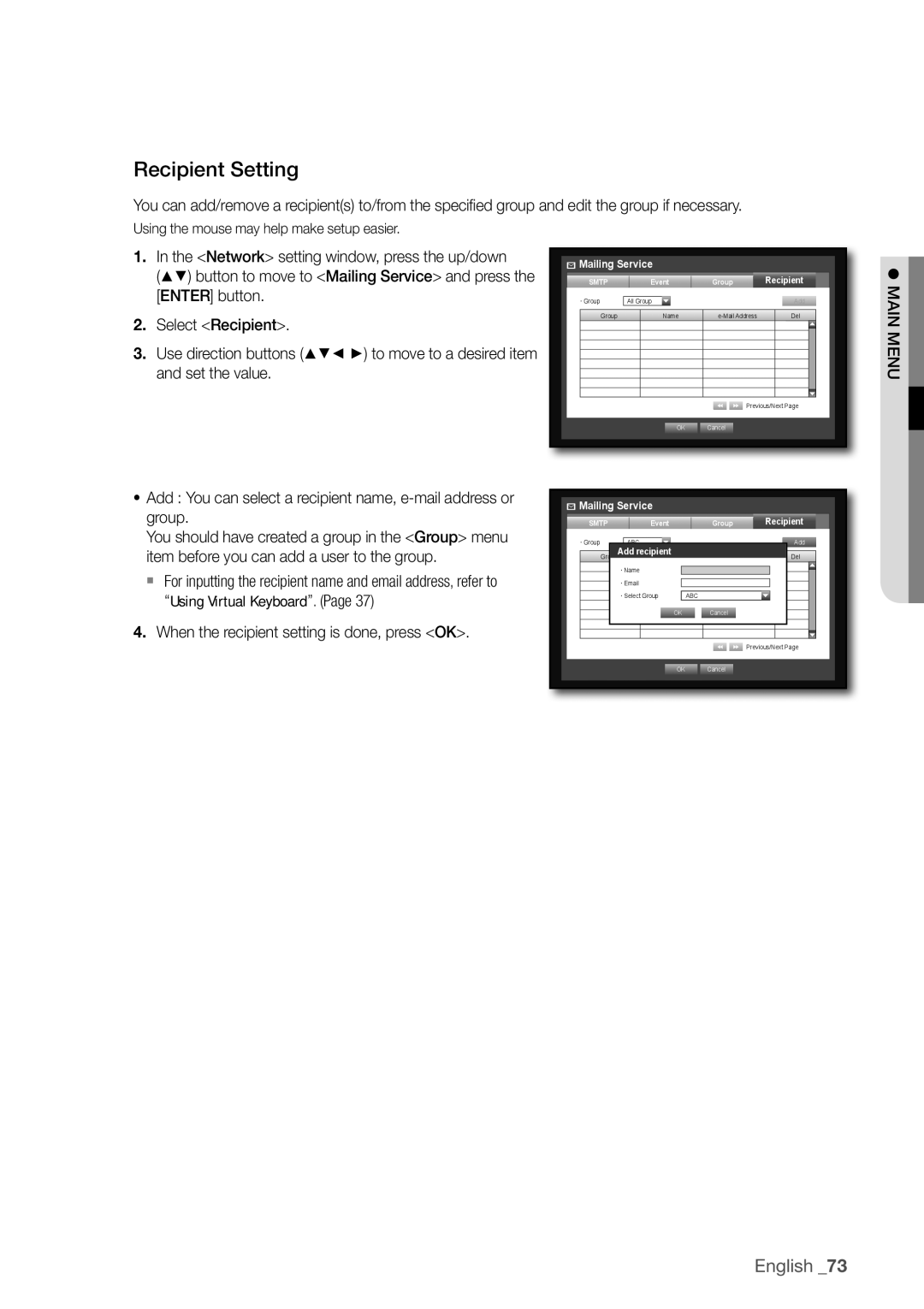 Samsung SDC5440BC user manual Recipient Setting, When the recipient setting is done, press OK 