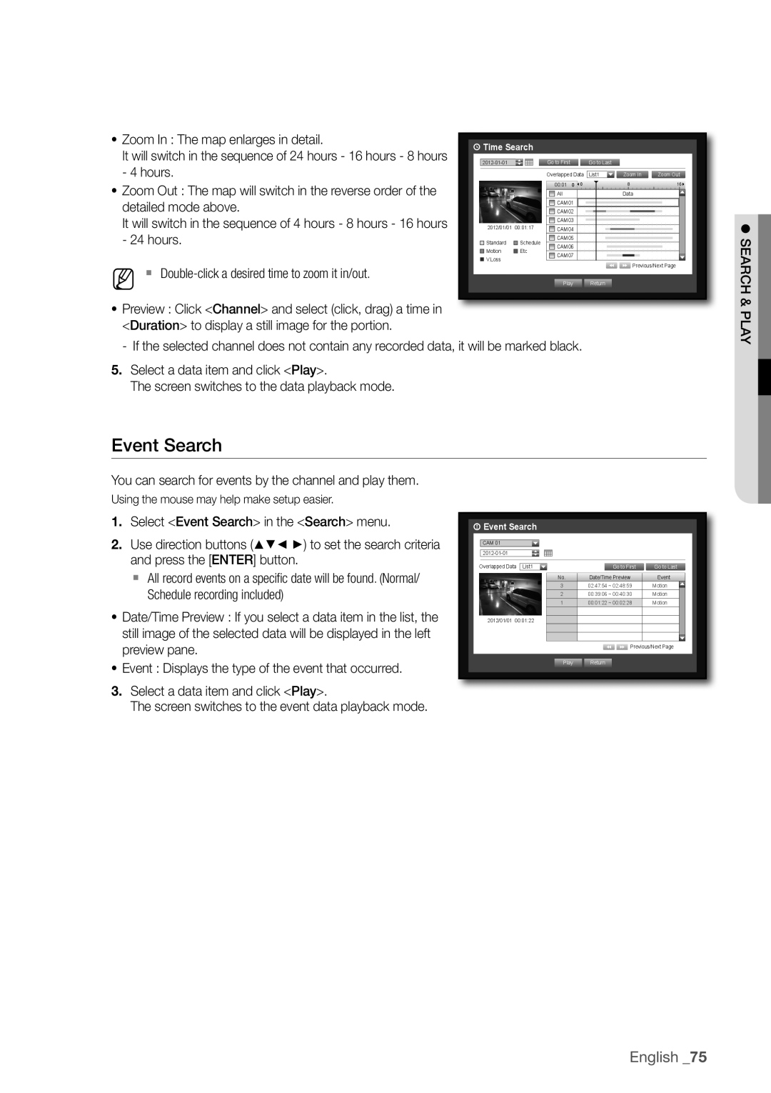 Samsung SDC5440BC user manual Event Search, Zoom In The map enlarges in detail, Hours, Detailed mode above 