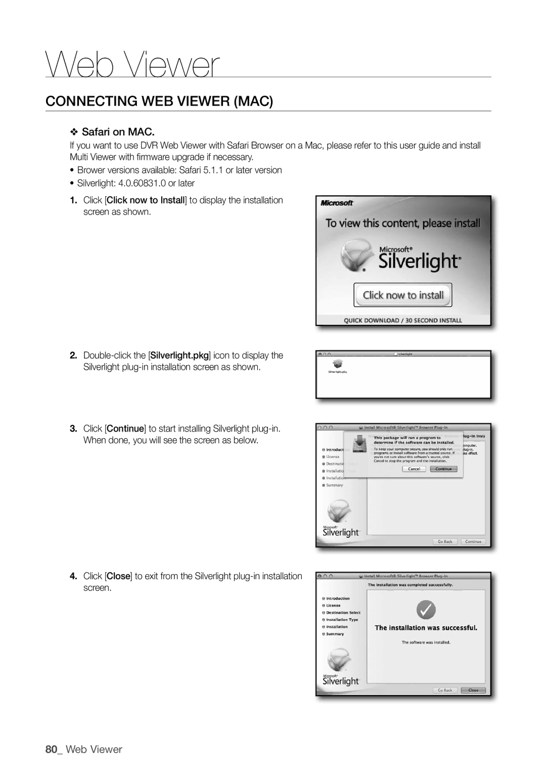 Samsung SDC5440BC user manual Connecting Web VieWer MAc, Safari on MAc 