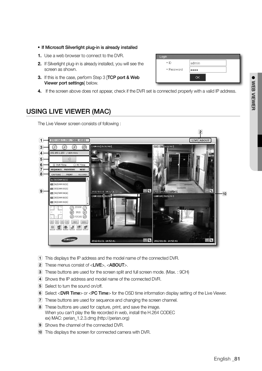 Samsung SDC5440BC user manual USing liVe VieWer MAc 