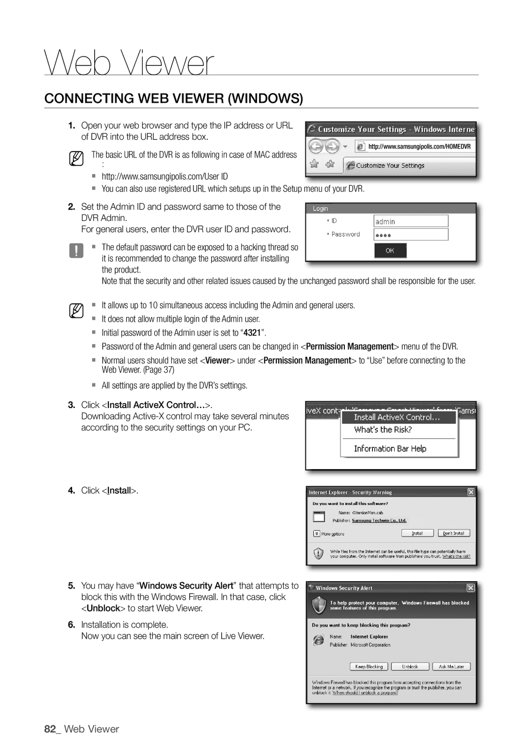 Samsung SDC5440BC Connecting Web VieWer WindoWS, DVR into the URL address box, Web Viewer, Click install Activex control… 