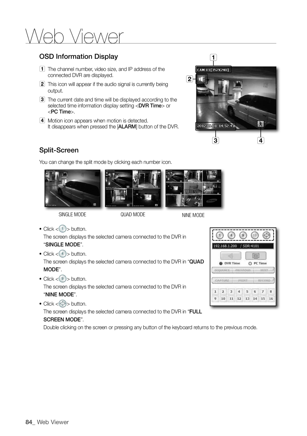 Samsung SDC5440BC user manual OSd information display, Split-Screen, Single Mode Quad Mode 