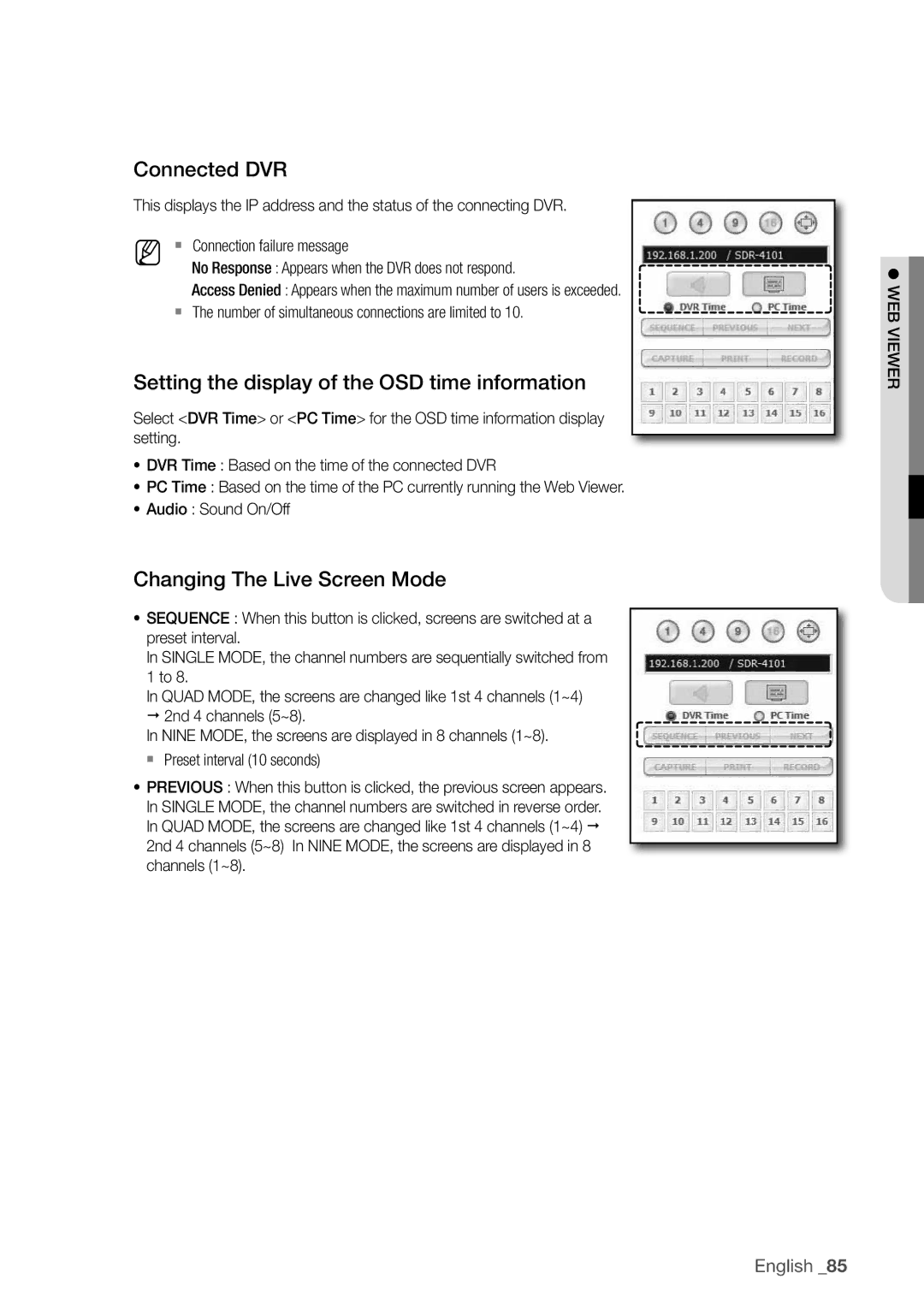 Samsung SDC5440BC user manual Connected dVr, Setting the display of the oSd time information, Changing the live Screen Mode 