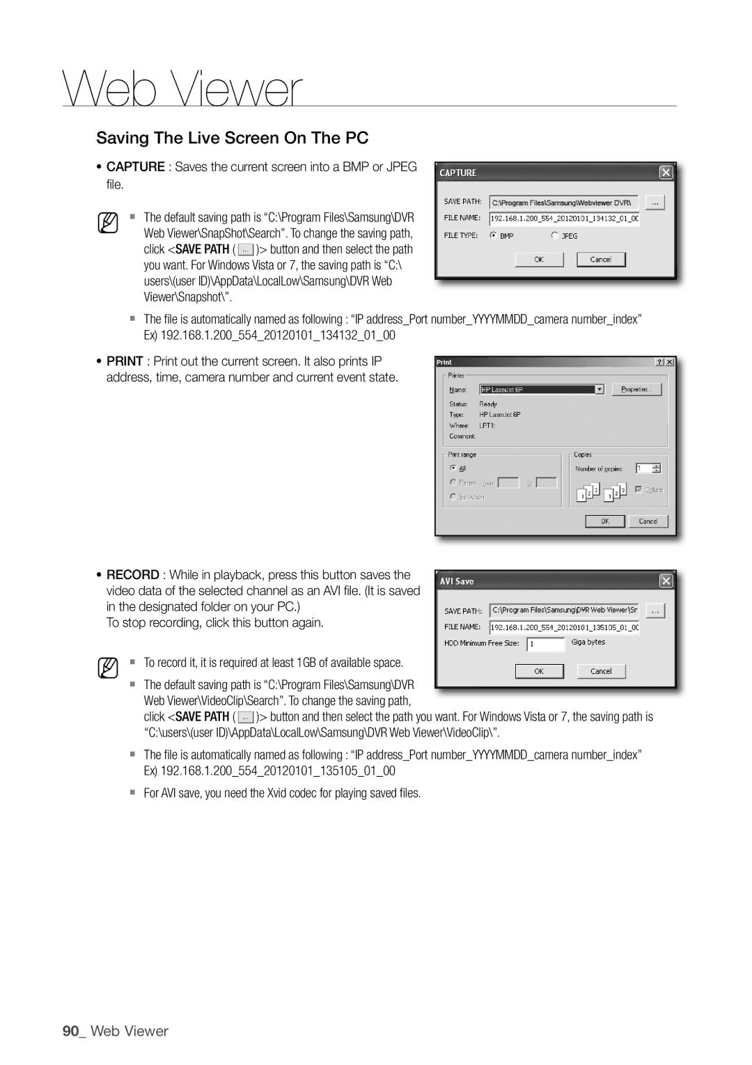 Samsung SDC5440BC user manual Web Viewer\VideoClip\Search. To change the saving path, users\user 