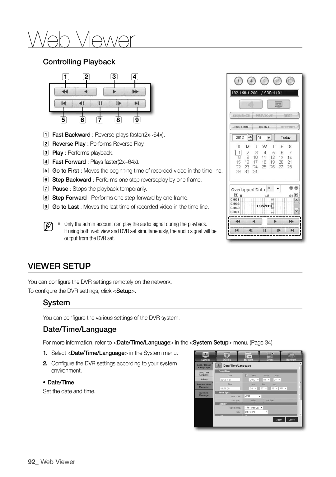 Samsung SDC5440BC user manual VieWer SetuP, System, Controlling Playback C d G h, Date/time/language 