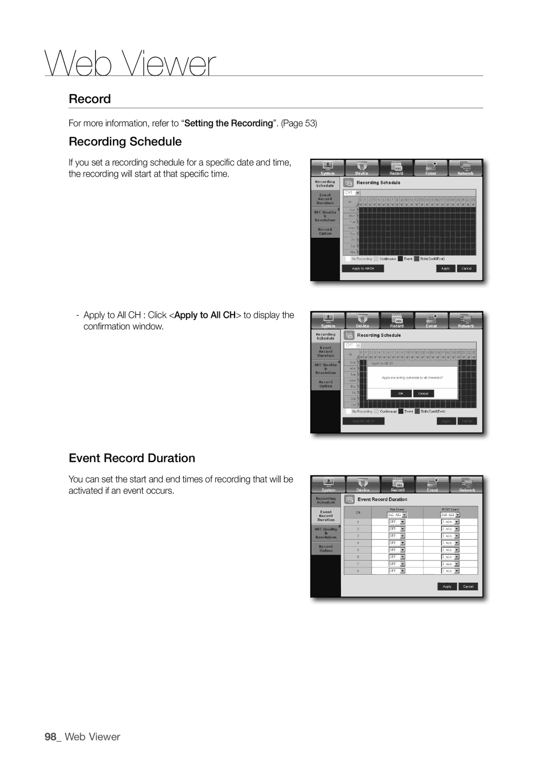 Samsung SDC5440BC Recording Schedule, Event record duration, For more information, refer to Setting the recording 