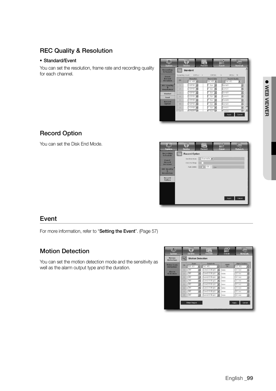 Samsung SDC5440BC user manual Event, Rec Quality & resolution, Record option, Motion detection 