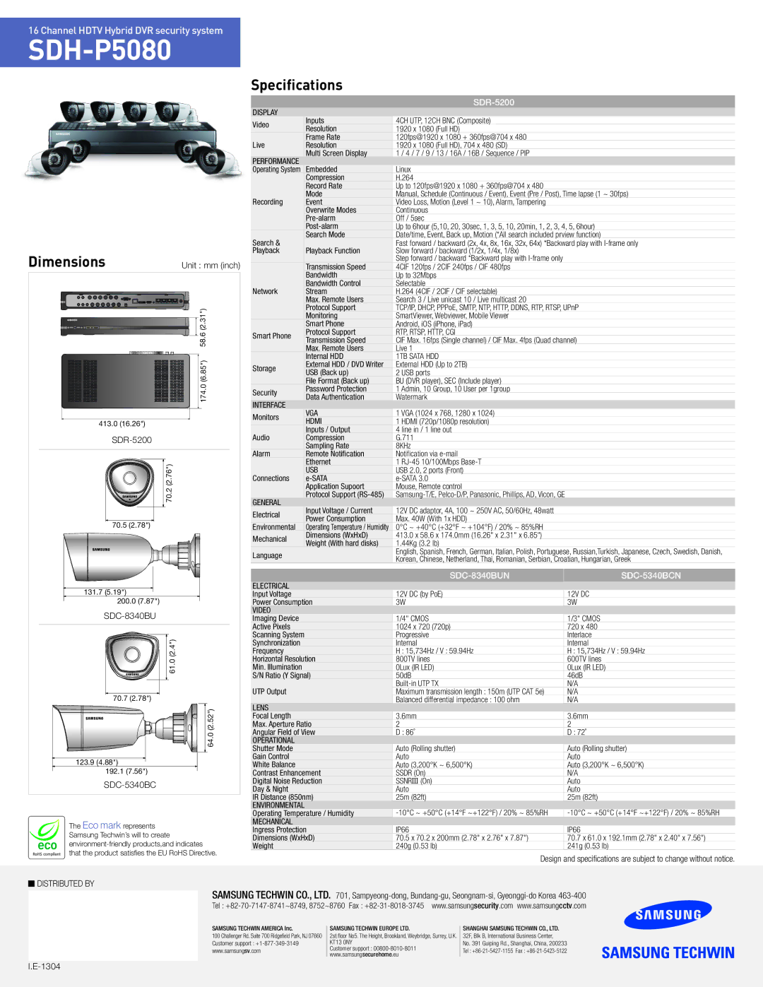 Samsung SDC8340BU, SDHP5080 manual Dimensions, Specifications 