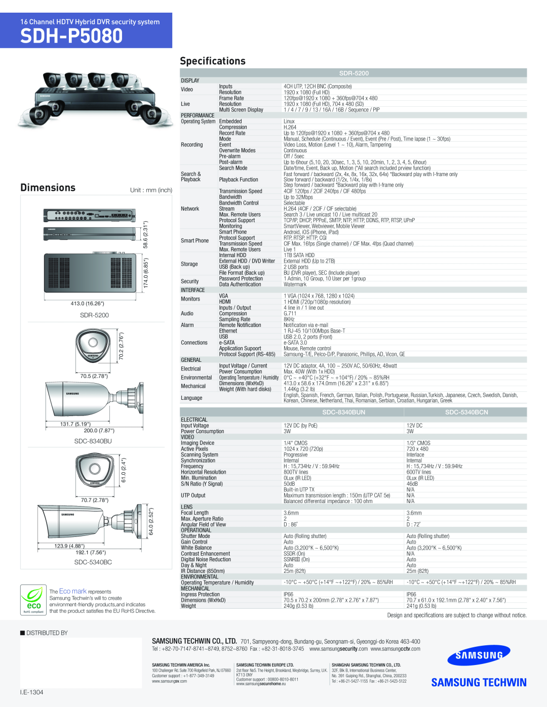Samsung SDC8340BU SDH-P5080, Dimensions, Specifications, Channel HDTV Hybrid DVR security system, SDR-5200, SDC-8340BUN 