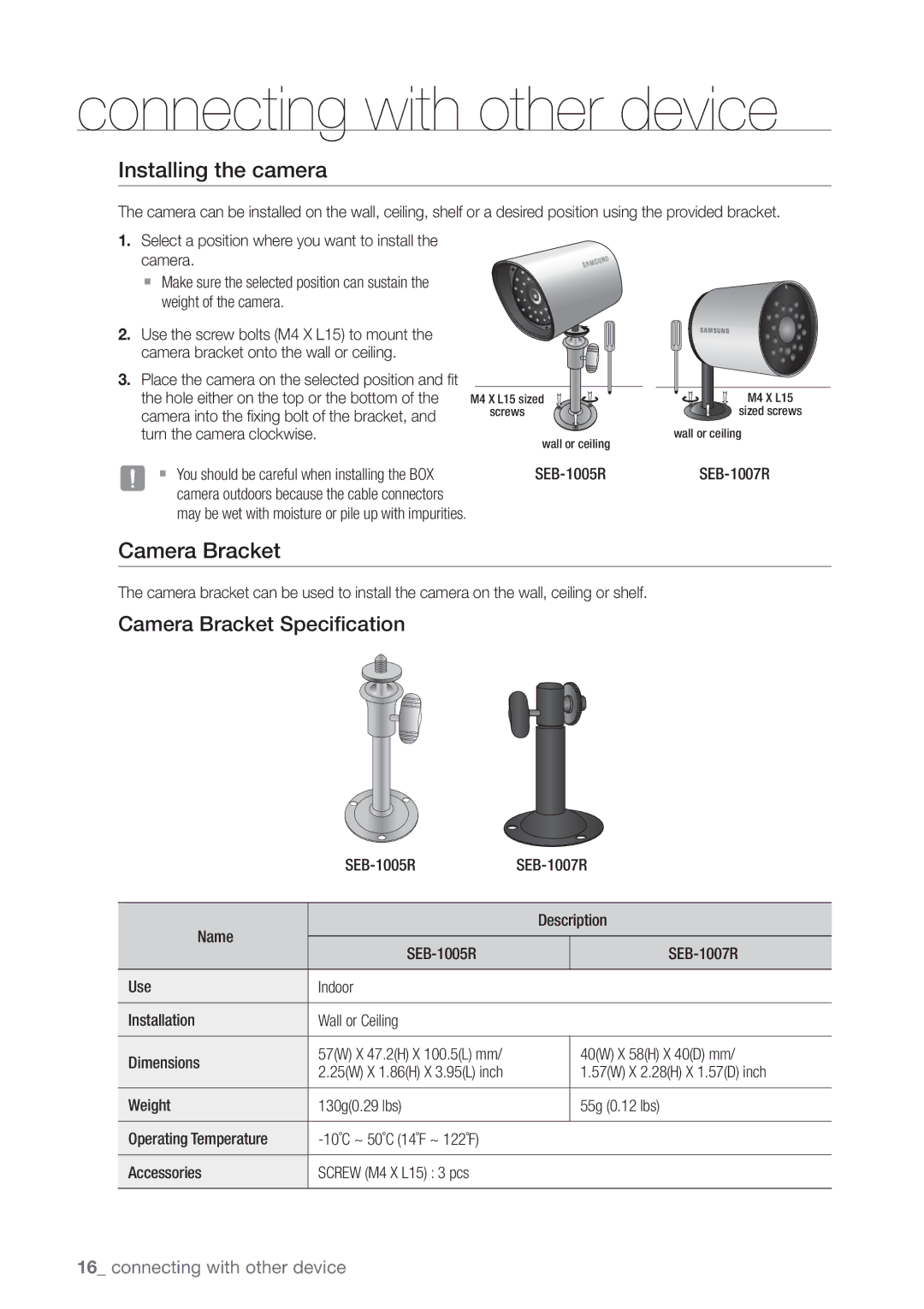 Samsung SDE-3001, SDE-3003, 4 CHANNEL DVR user manual Installing the camera, Camera Bracket Specification 