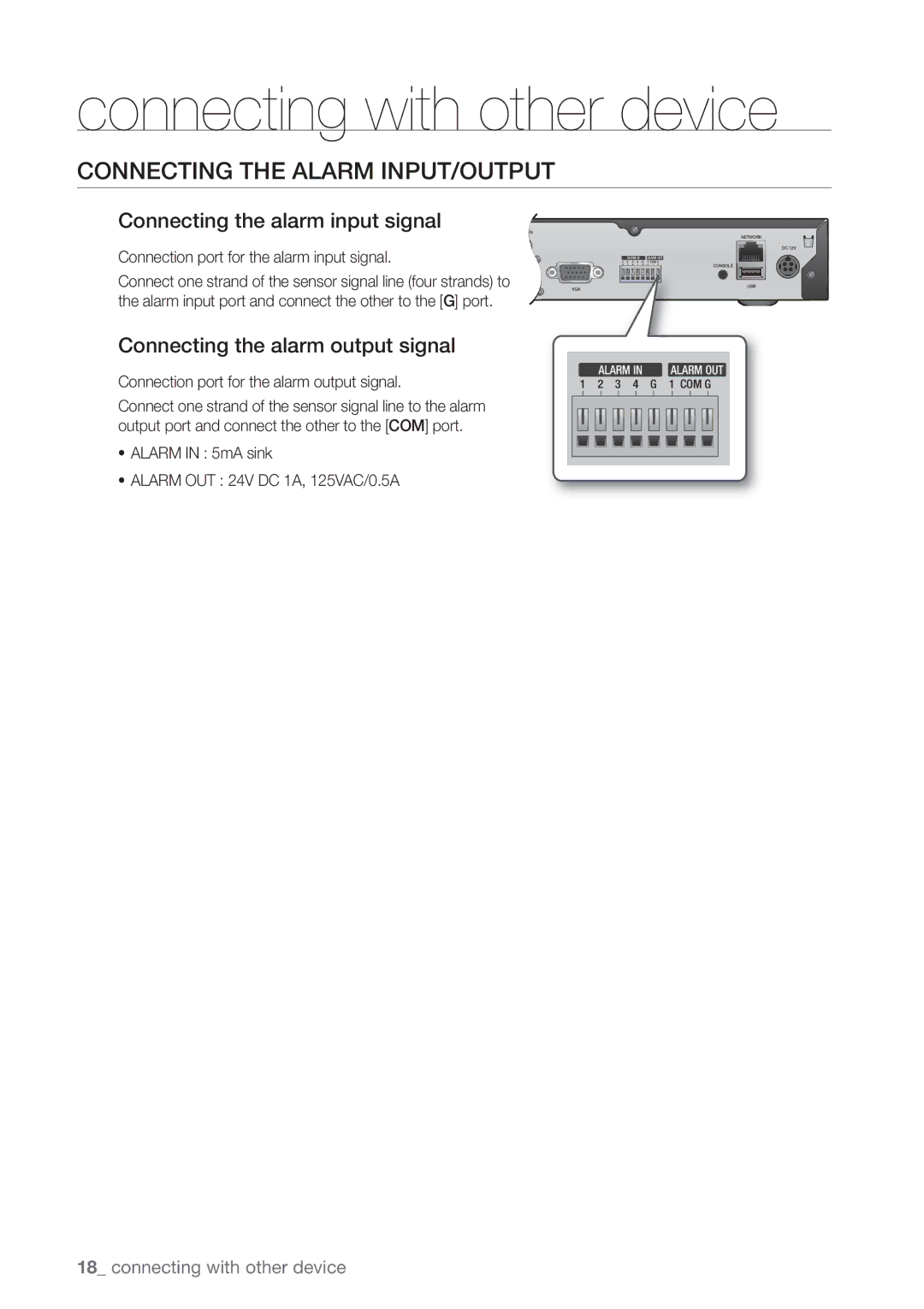 Samsung SDE-3003 Connecting the Alarm INPUT/OUTPUT, Connecting the alarm input signal, Connecting the alarm output signal 