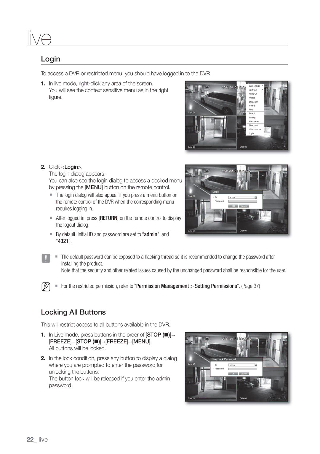 Samsung SDE-3001, SDE-3003, 4 CHANNEL DVR user manual Login, Locking All Buttons 