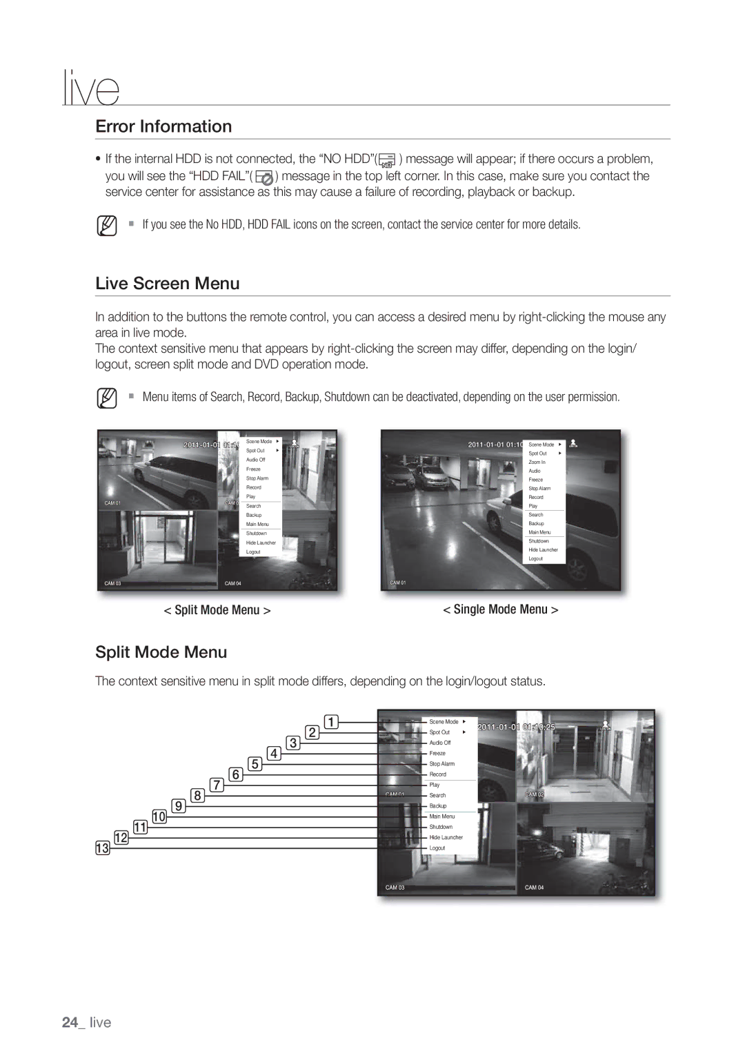 Samsung SDE-3003, SDE-3001, 4 CHANNEL DVR user manual Error Information, Live Screen Menu, Split Mode Menu 