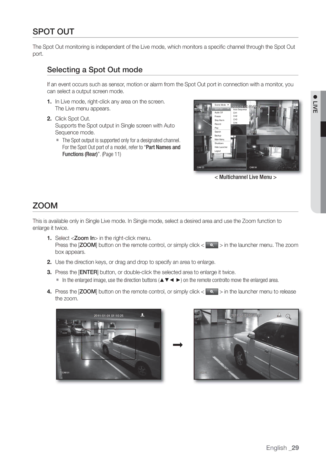 Samsung 4 CHANNEL DVR, SDE-3003, SDE-3001 user manual Spot OUT, Zoom, Selecting a Spot Out mode, Multichannel Live Menu 