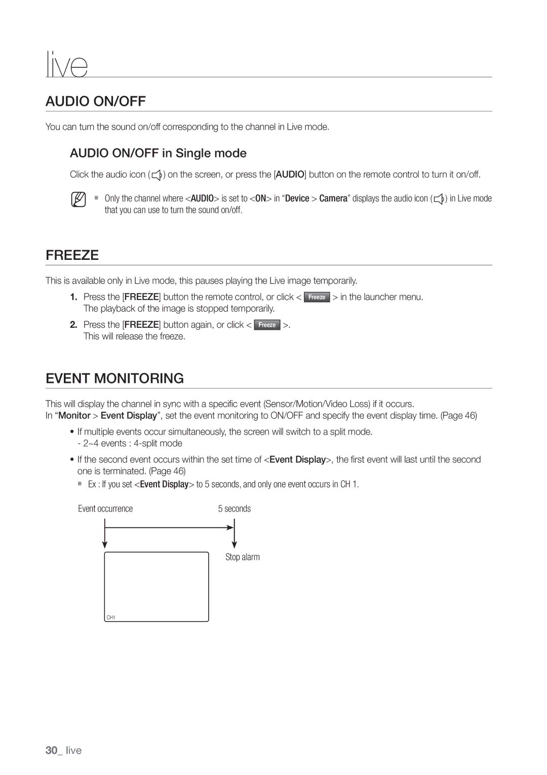 Samsung SDE-3003, SDE-3001, 4 CHANNEL DVR user manual Freeze, Event Monitoring, Audio ON/OFF in Single mode 