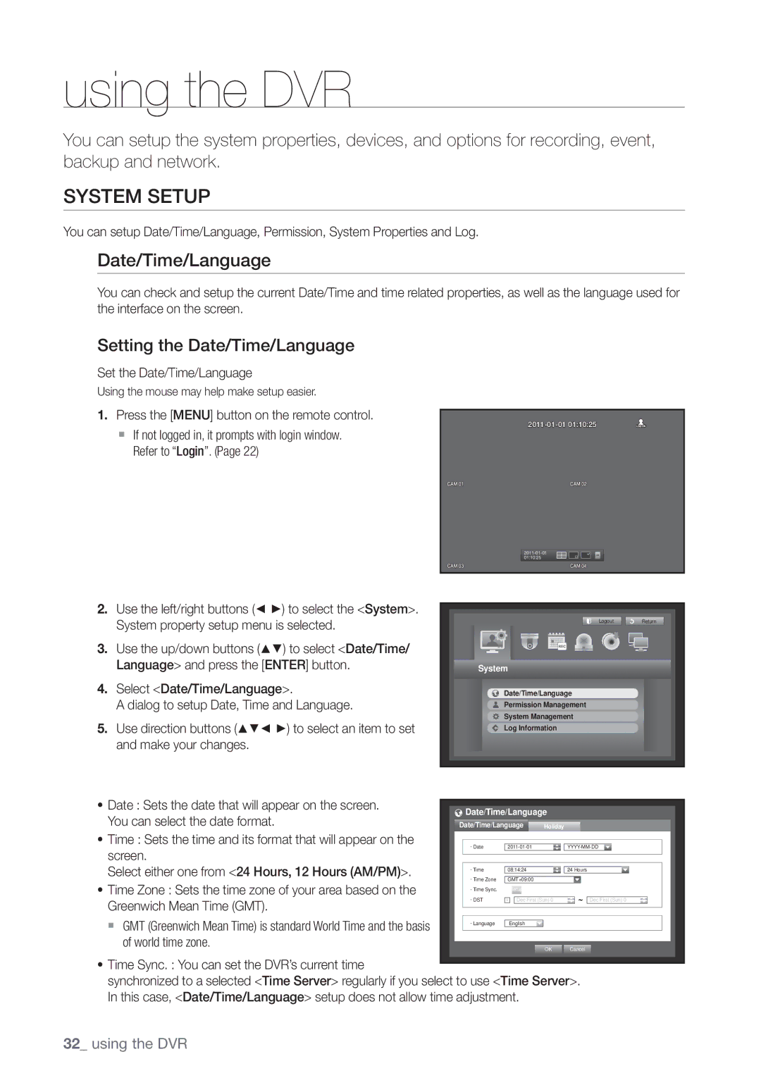 Samsung 4 CHANNEL DVR, SDE-3003, SDE-3001 user manual System Setup, Setting the Date/Time/Language 