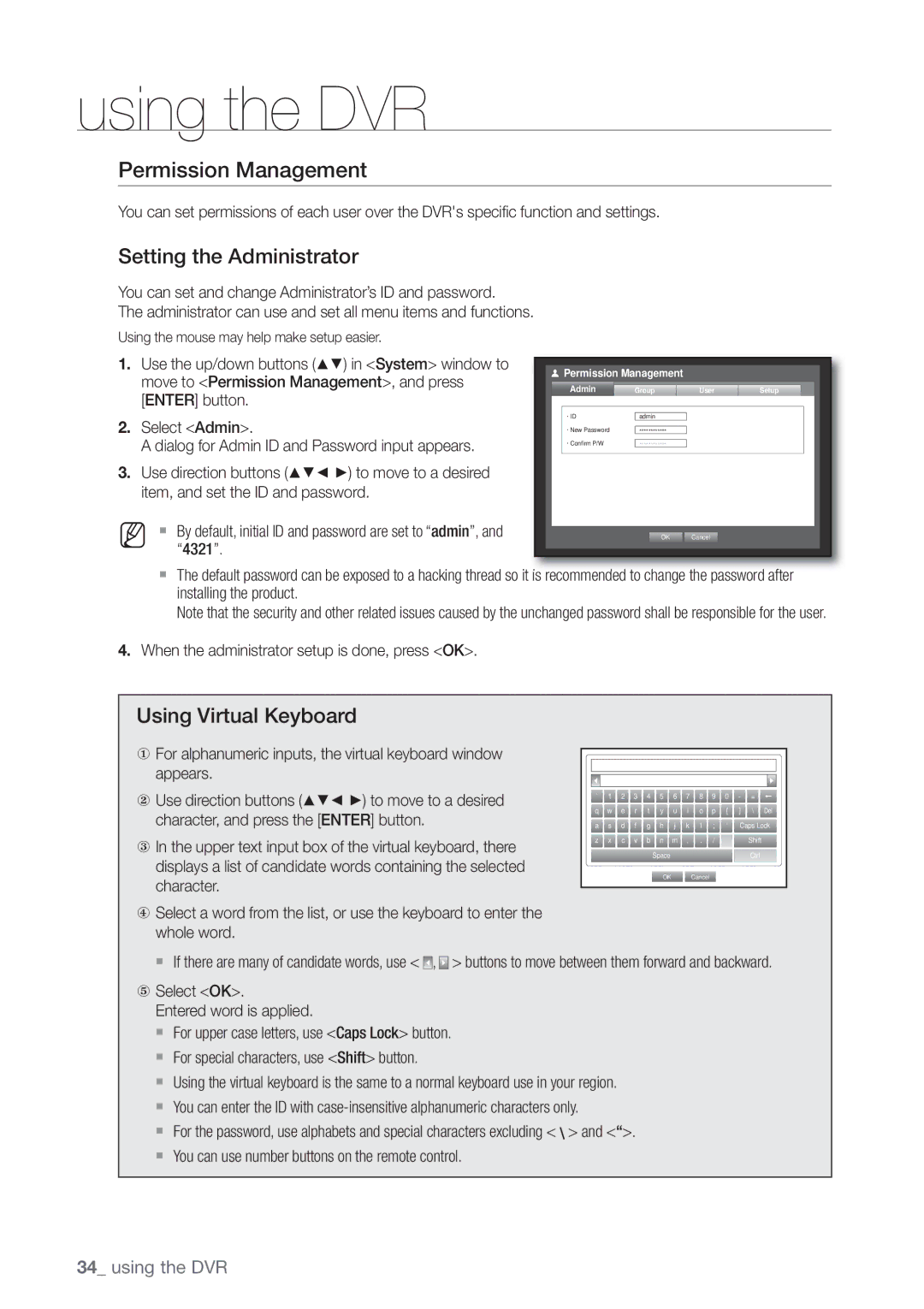 Samsung SDE-3001, SDE-3003, 4 CHANNEL DVR Permission Management, Setting the Administrator, Using Virtual Keyboard 